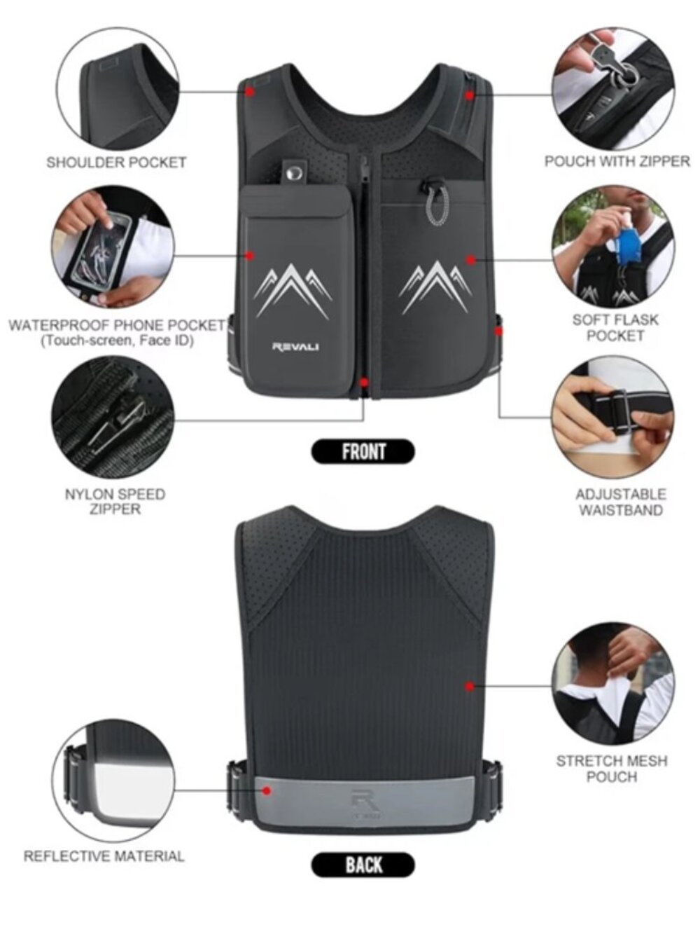REVALI Hydration Running Vest, USA Original Patent, Zip Reflective Hiking Vest